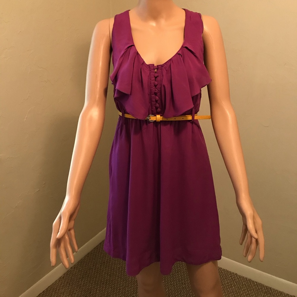 SOLD!! GBX Purple Button & Ruffle Top Dress with Yellow Belt